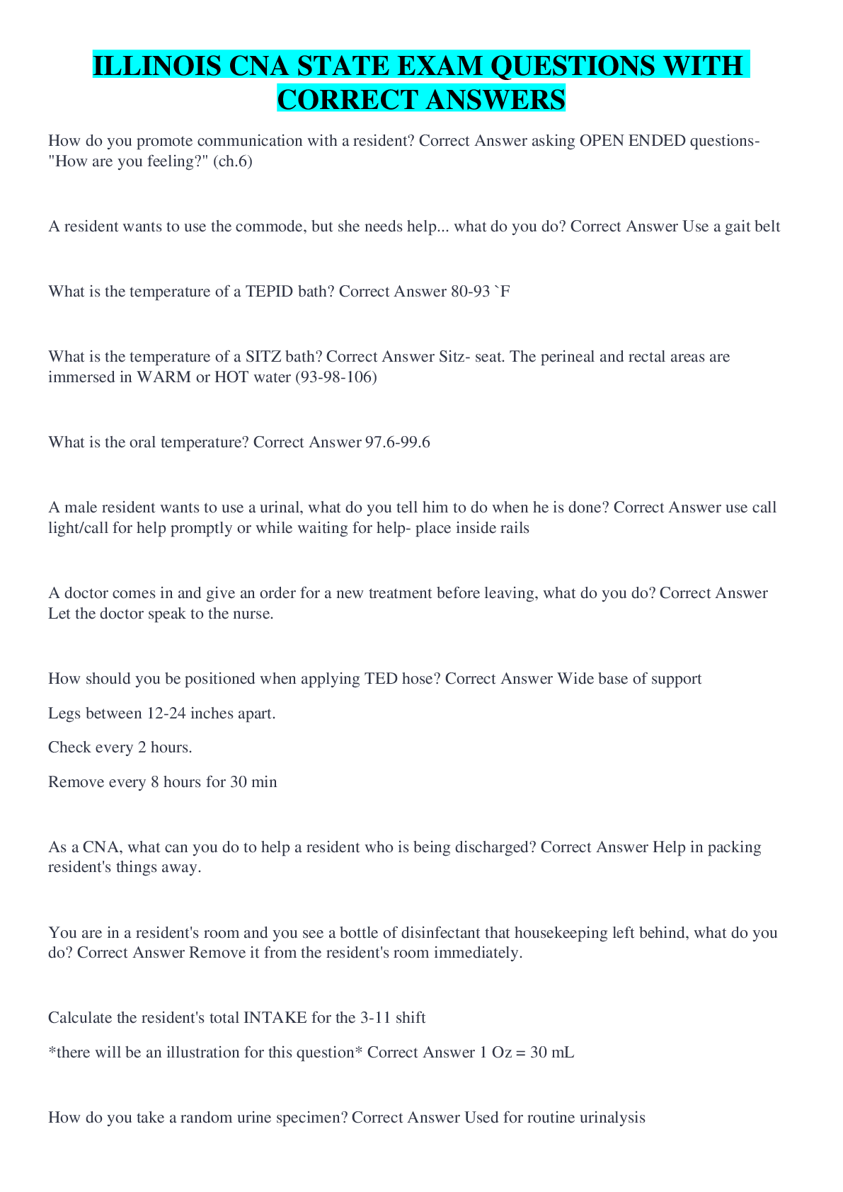 Preview image for ILLINOIS CNA STATE EXAM QUESTIONS WITH CORRECT ANSWERS